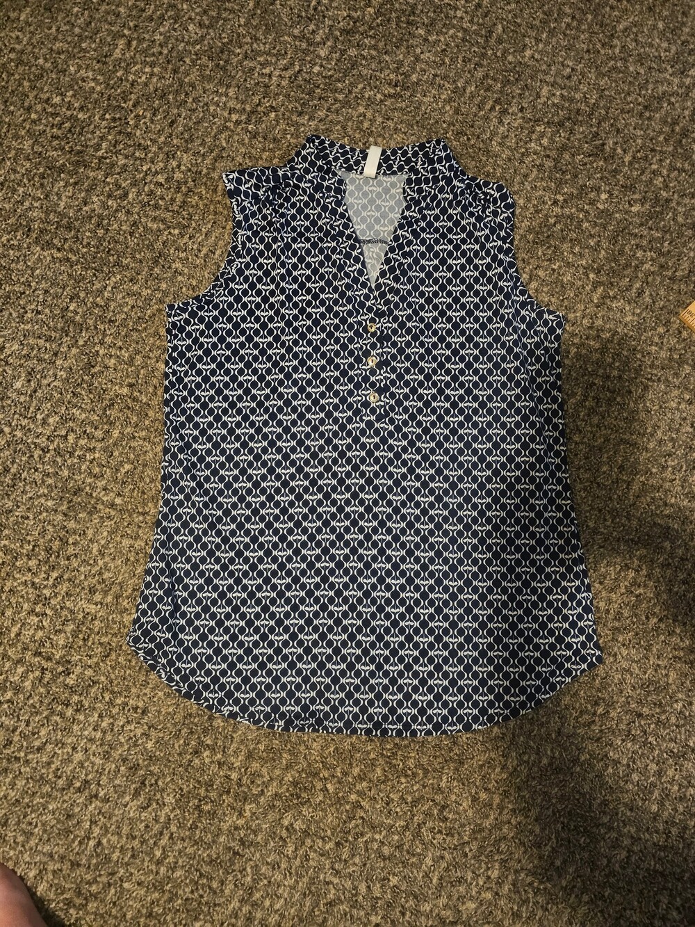 Perception Concept Large Sleeveless Blouse Navy Blue White Geometric Pattern